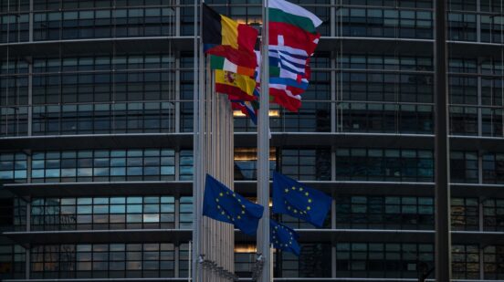 EU flags fly at half-mast outside the European Parliament