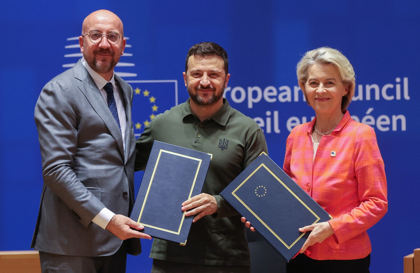 European Council President Charles Michel, Ukraine's President Zelensky and European Commission President Ursula von der Leyen