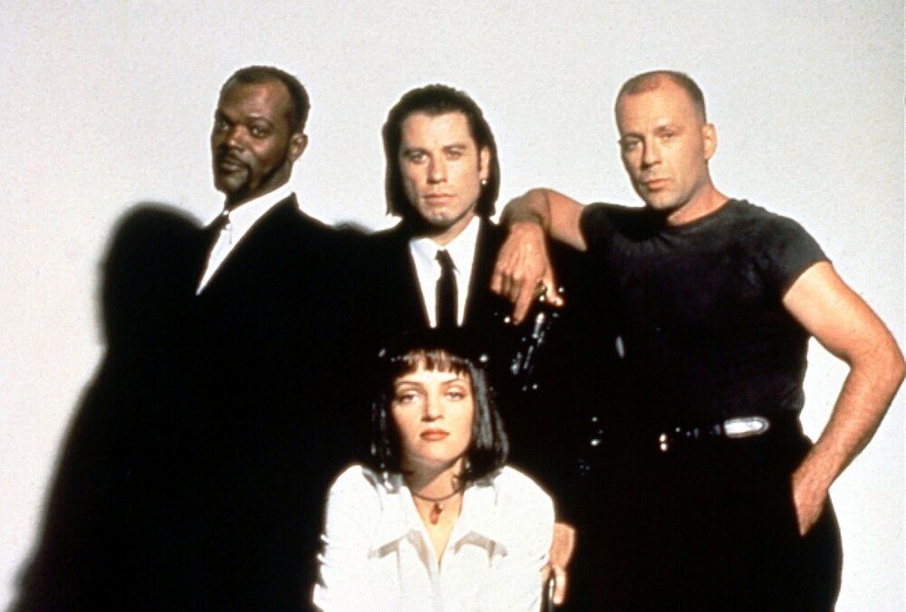 PULP FICTION: SAMUEL L JACKSON, JOHN TRAVOLTA, BRUCE WILLIS, UMA THURMAN